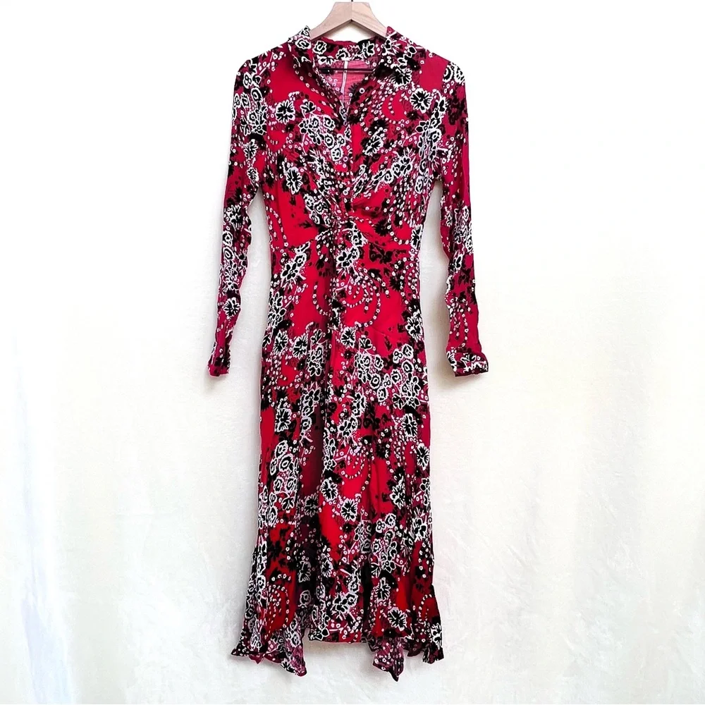 Free People “Tough Love” Twist-Front Red Shirt Dress